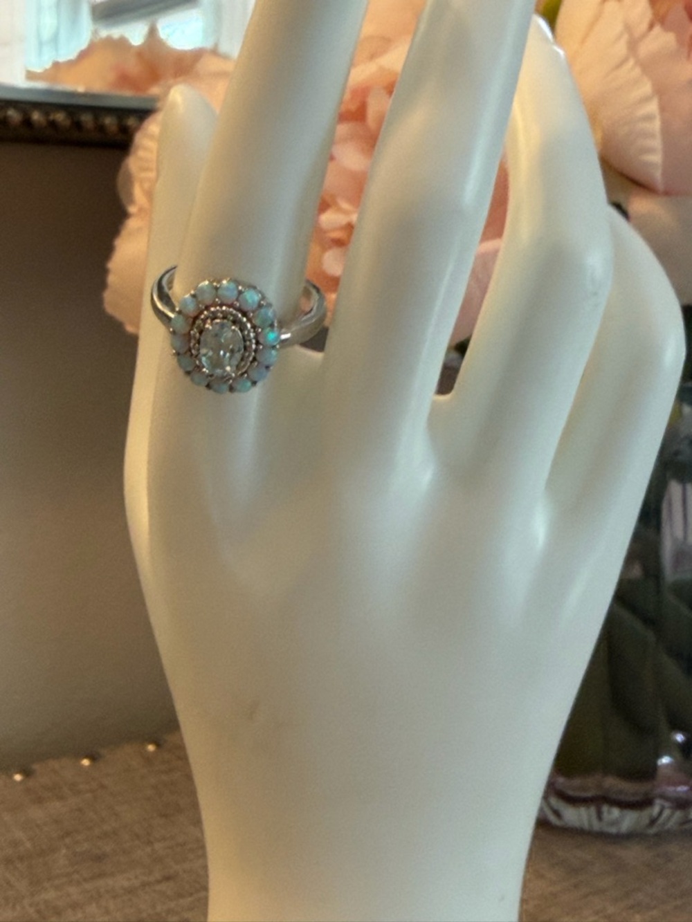 NIB simulated blue Opal Halo Ring w 15-crystal bezel - stainless beautiful - Picture 5 of 7